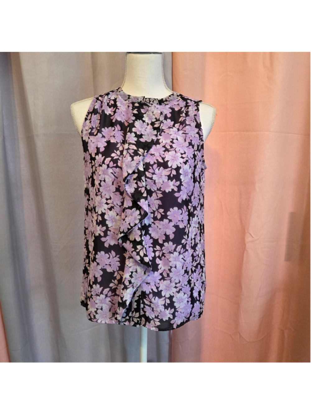 Kasper Purple Black Floral Blouse Ruffle Feminine